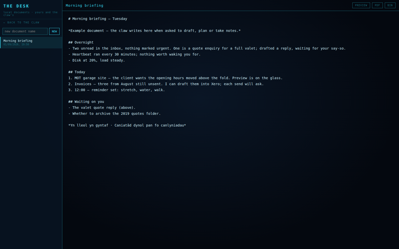 The Desk: a markdown document open in the editor